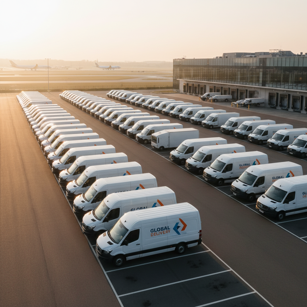 Fleet of delivery vans at golden hour